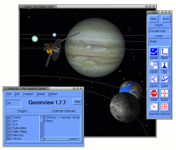 Geomview running Orrery. Planets increased in size for visibility.